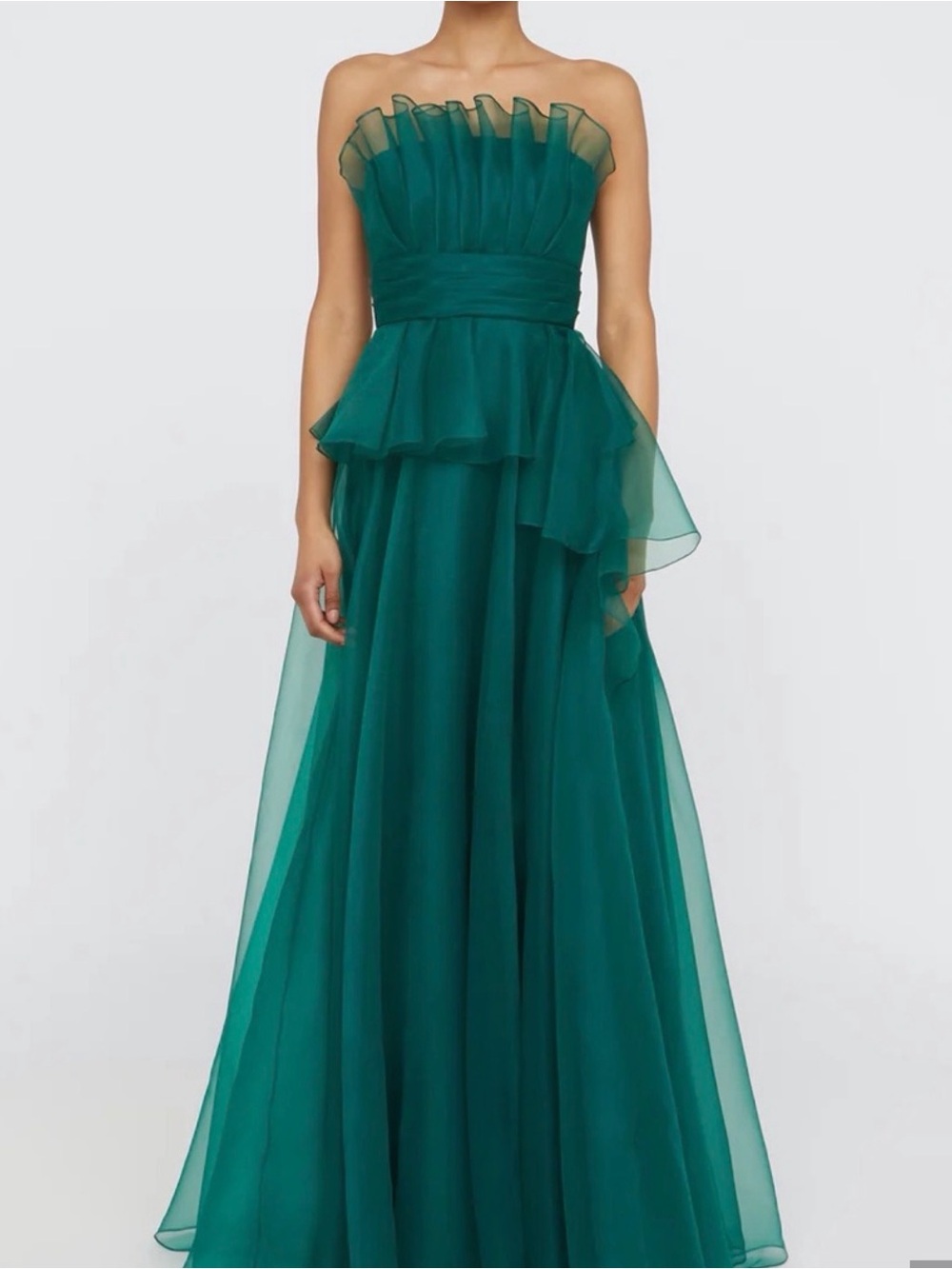 Theia Strapless Teal-Blue Chiffon Peplum Maxi Gown